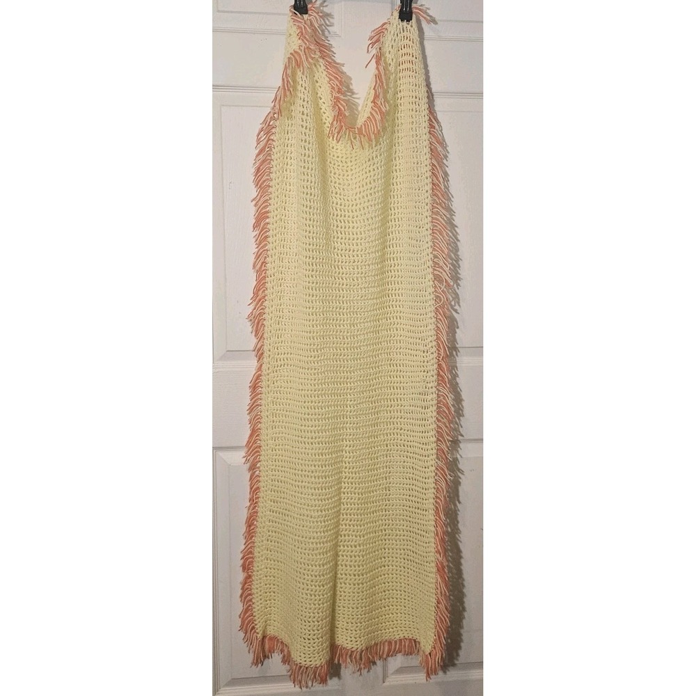 Chrochet Handmade Granny Shawl Lap Blanket Table Runner Yellow Coral Fringe - Picture 3 of 7